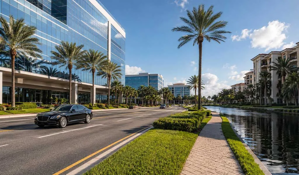 Modern corporate buildings and luxury residential communities illustrating Boca Raton's executive security environment.