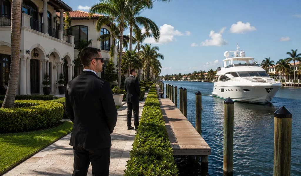 Executive protection monitoring a luxury canal-front estate in Naples