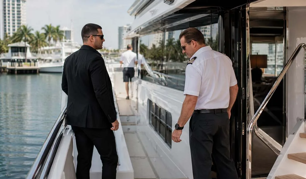 Professional yacht captain and security personnel conducting pre-departure checks on a luxury yacht
