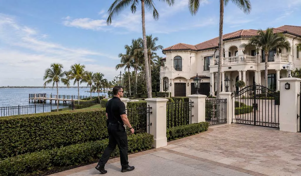 Estate security professional conducting a routine patrol around an unoccupied luxury waterfront property.