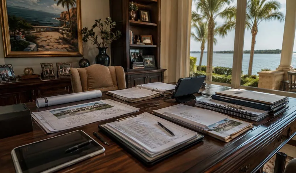 Organized estate recovery documentation and insurance records prepared inside a luxury Naples