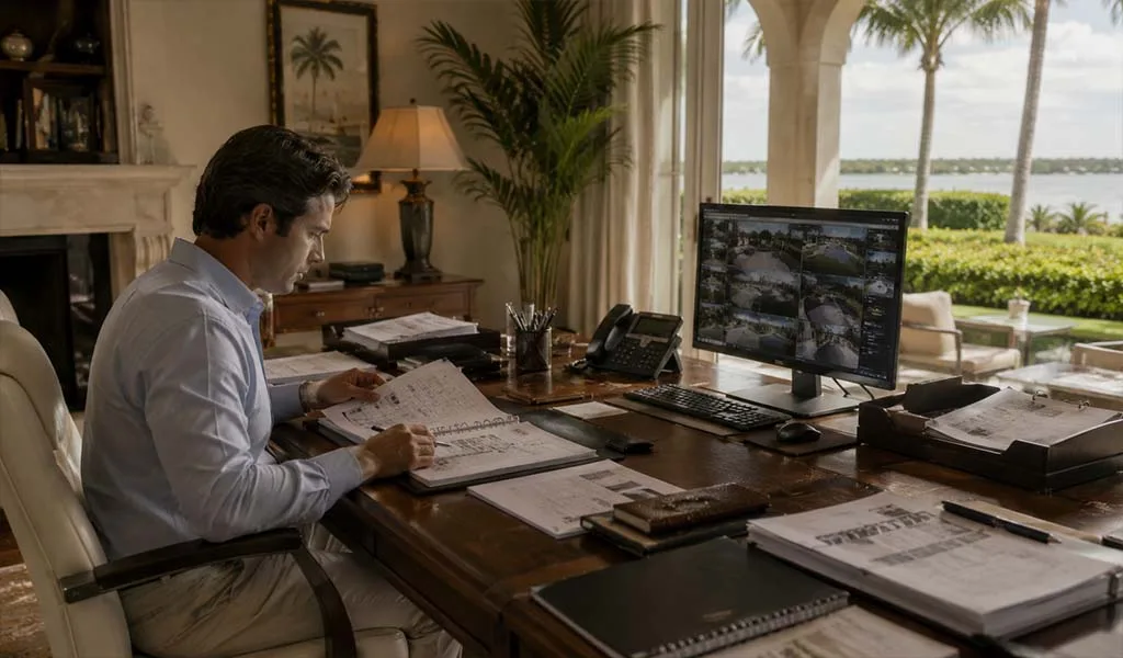Estate manager reviewing vendor access records inside a luxury Manalapan residence