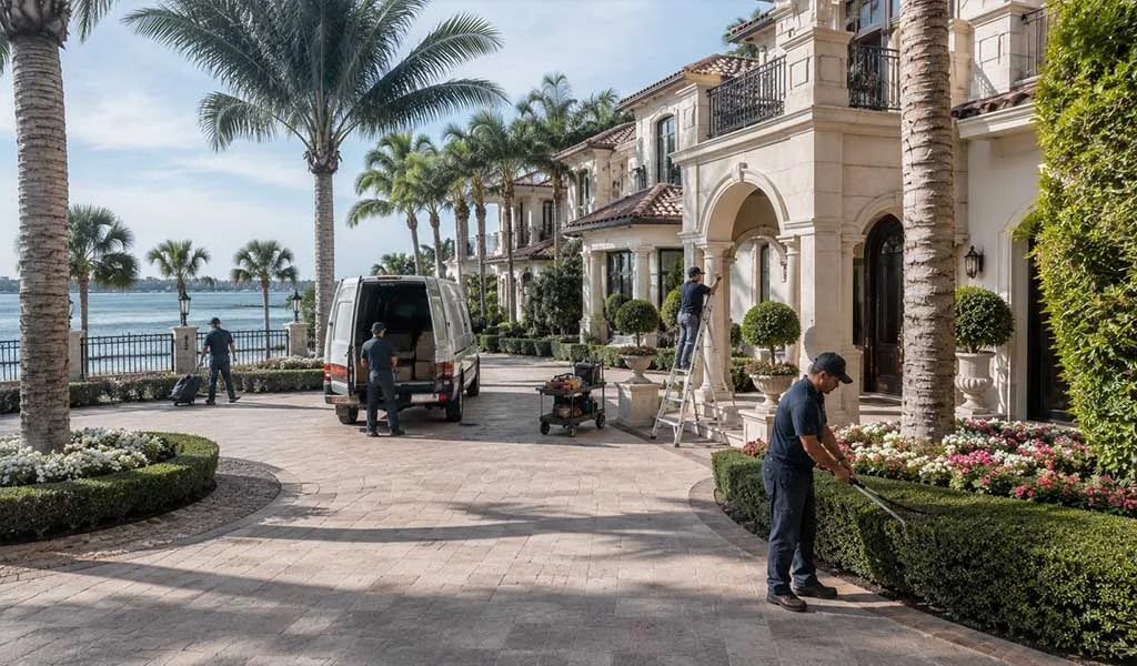 Estate staff and service vehicles preparing a luxury Naples residence before the owners leave for the season.