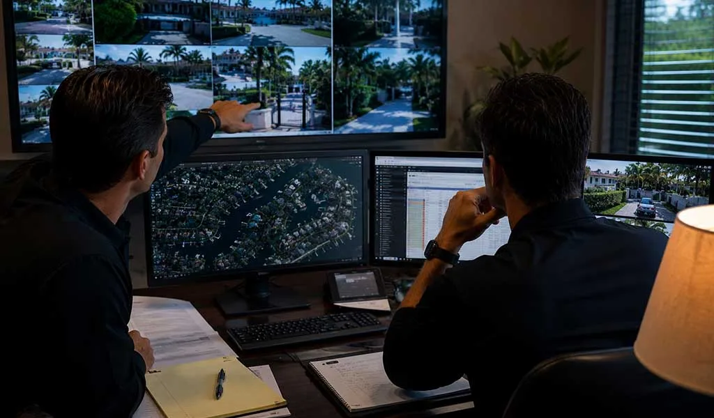 Security professionals reviewing estate access patterns and surveillance feeds inside a private office.