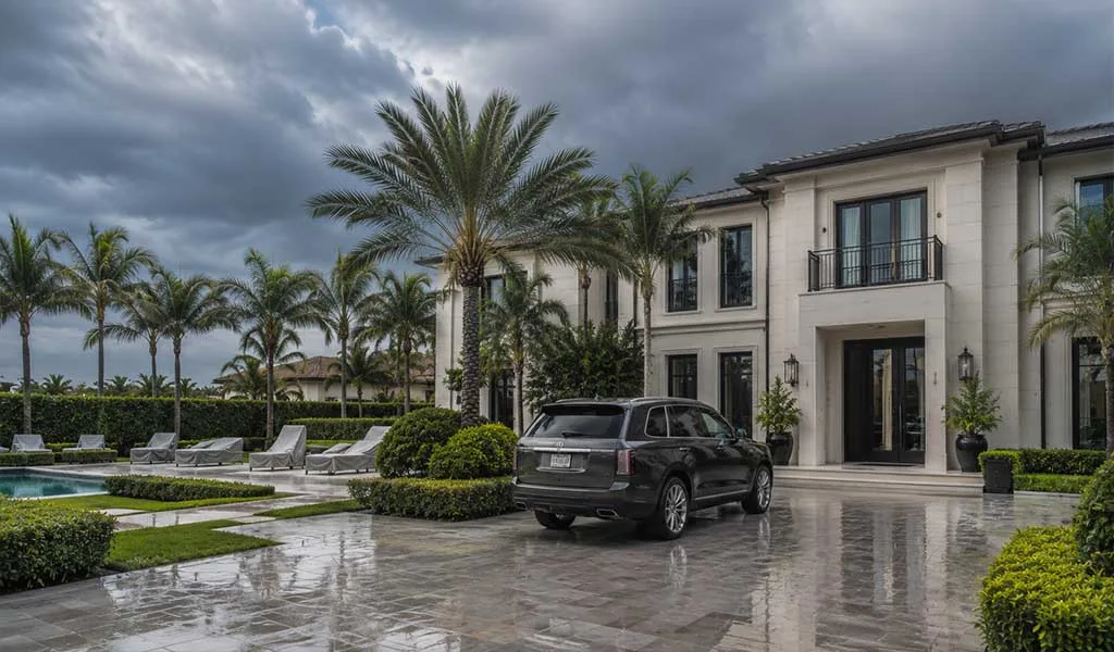 Luxury Boca Raton estate prepared for hurricane season with executive protection planning underway.