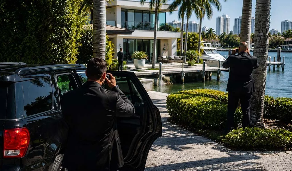 Executive protection team monitoring a luxury waterfront estate in Miami