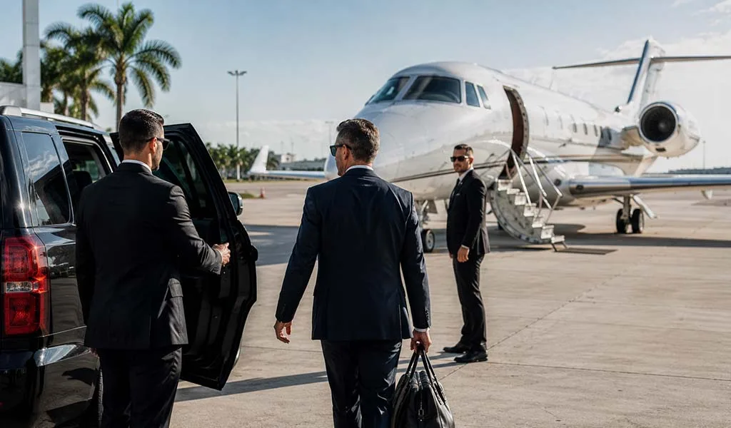 Executive protection team coordinating secure transfer at a private aviation terminal in West Palm Beach