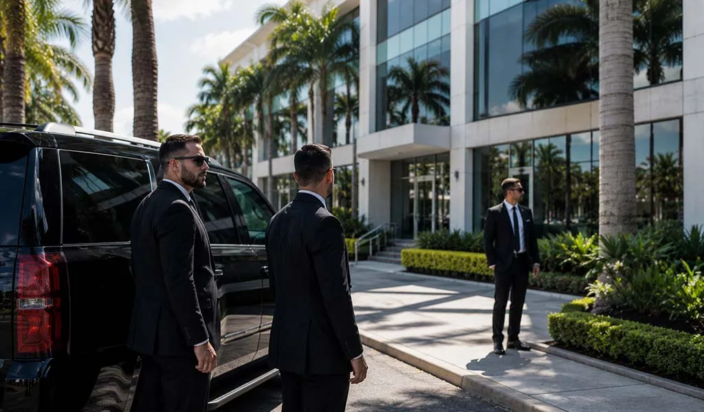 Executive protection specialists outside a luxury corporate office in Boca Raton