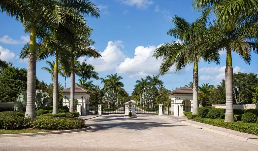 Entrance to an exclusive gated luxury residential community in Jupiter.
