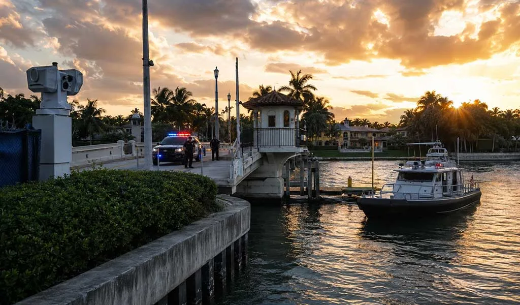Creek bridge checkpoint with waterfront estates and marine patrol activity at sunset.