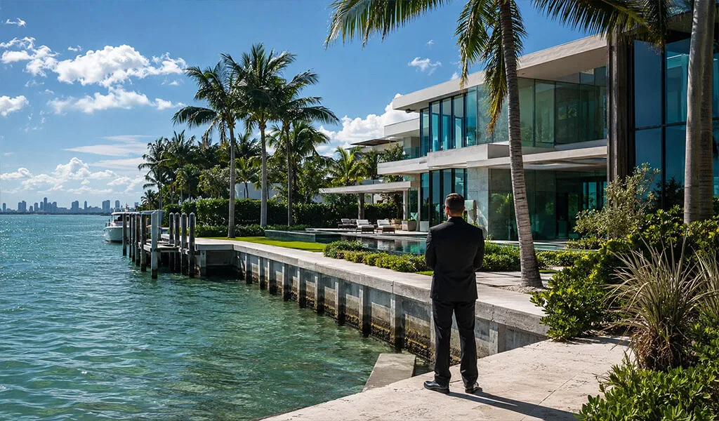 Luxury waterfront estate in Indian Creek with executive security overlooking Biscayne Bay