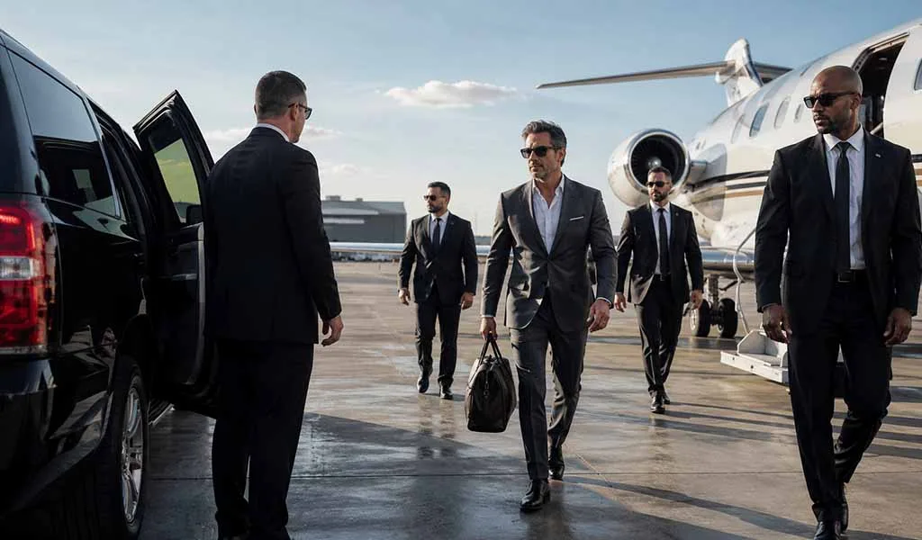 Business executive arriving by private aviation with coordinated executive protection