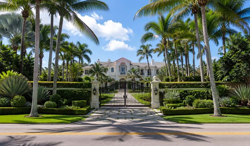 Landmark luxury estate in Manalapan viewed from a public roadway illustrating publicly visible architecture