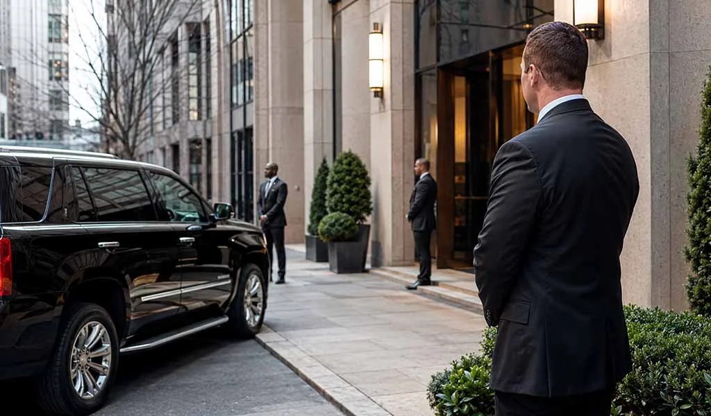 Executive protection monitoring access outside a luxury Manhattan residential tower