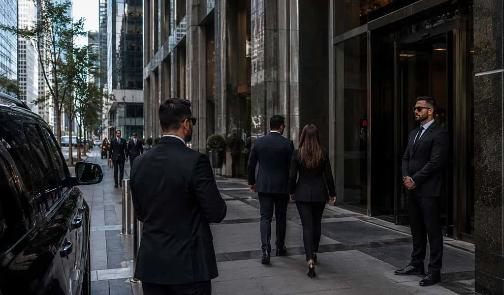 Executive protection specialists outside a luxury Manhattan high-rise during business hours