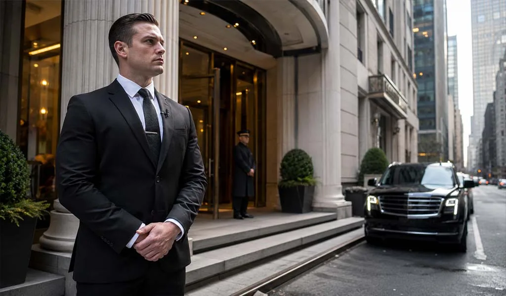 Executive protection specialist outside a luxury residential skyscraper in Manhattan