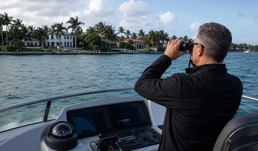 A discreet vessel observing luxury homes along the Intracoastal near Indian Creek.
