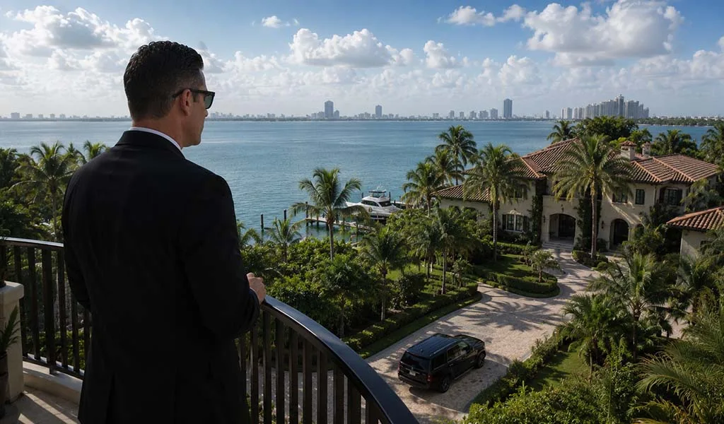 Executive protection specialist overlooking a luxury waterfront estate on a private Miami island