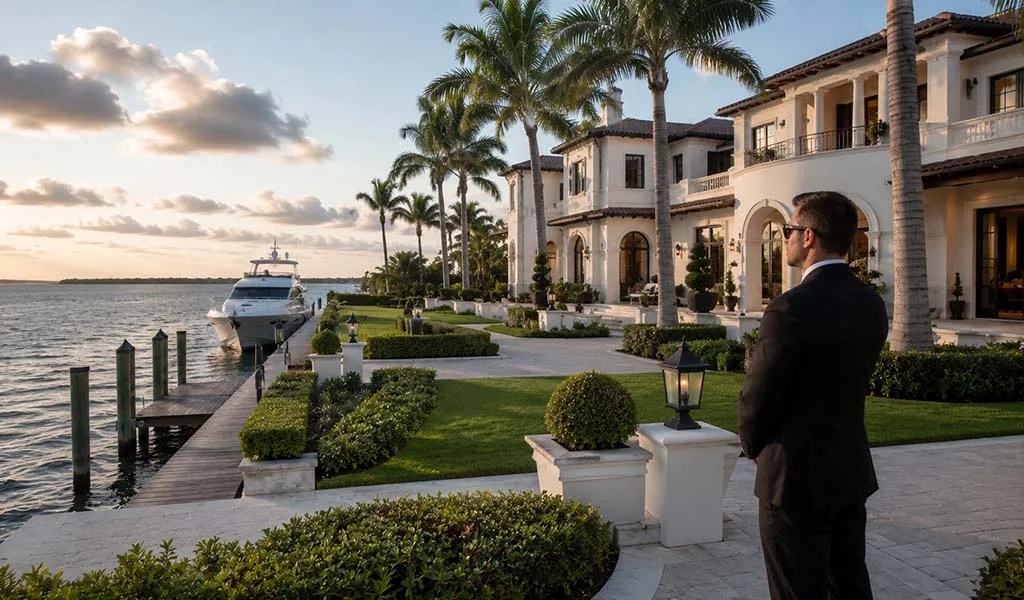 Luxury waterfront estate in Naples with executive security overlooking the Gulf of Mexico