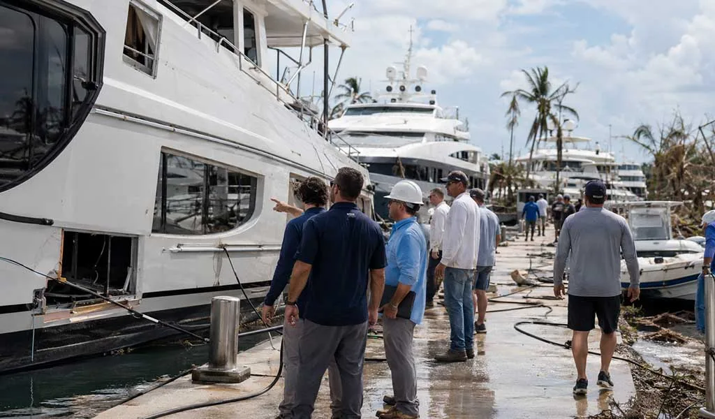Marine professionals inspecting yachts and coordinating recovery at a Fort Lauderdale marina after a hurricane.
