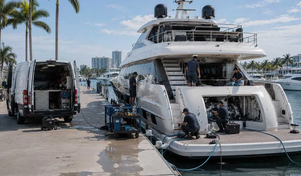 Marine contractors servicing a luxury yacht at a Fort Lauderdale marina.