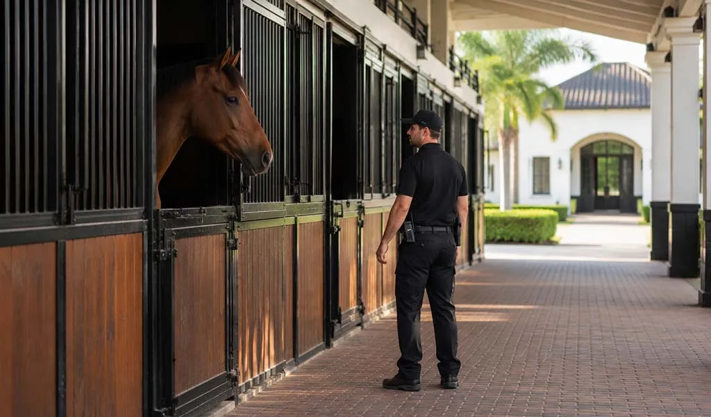 Security professional inspecting a luxury horse stable at a Wellington estate