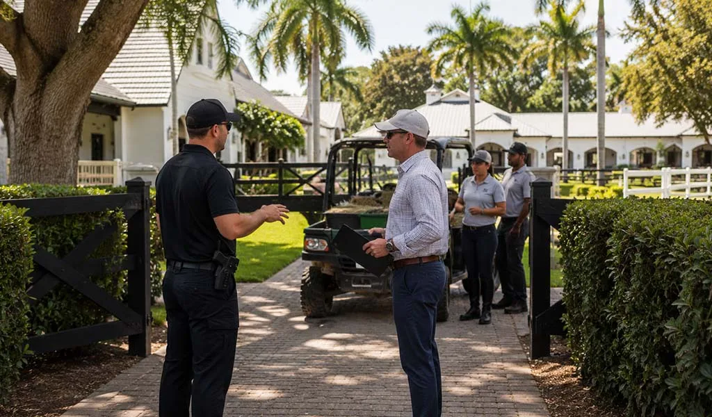 Estate manager coordinating staff access at a luxury Wellington equestrian property
