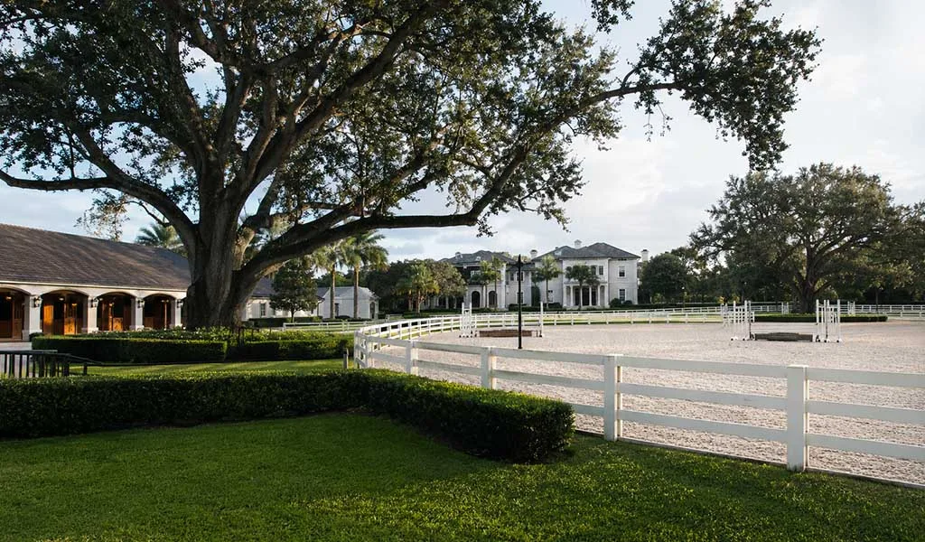 Luxury Wellington equestrian estate with horse barns and riding arenas during the off-season.