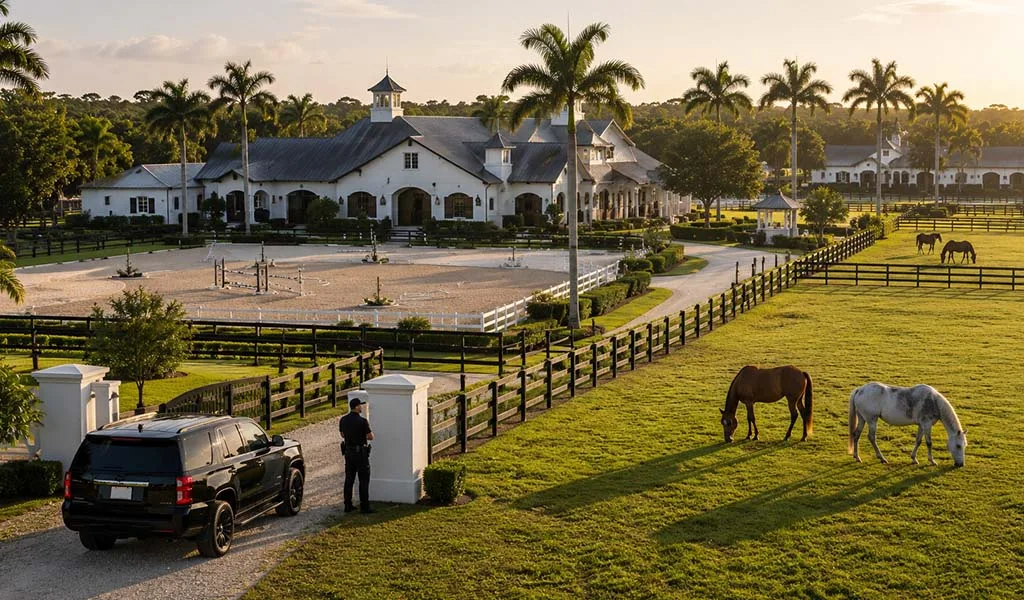 Luxury equestrian estate in Wellington with barns, riding arena, and estate security