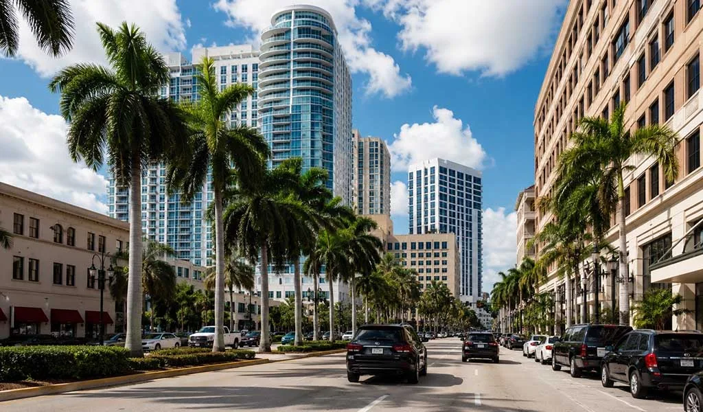 Downtown West Palm Beach skyline with executive offices, luxury residences, and urban transportation corridors.