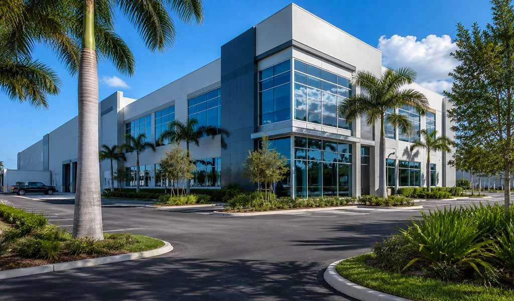 Modern commercial building in West Palm Beach serving as an operational security hub.