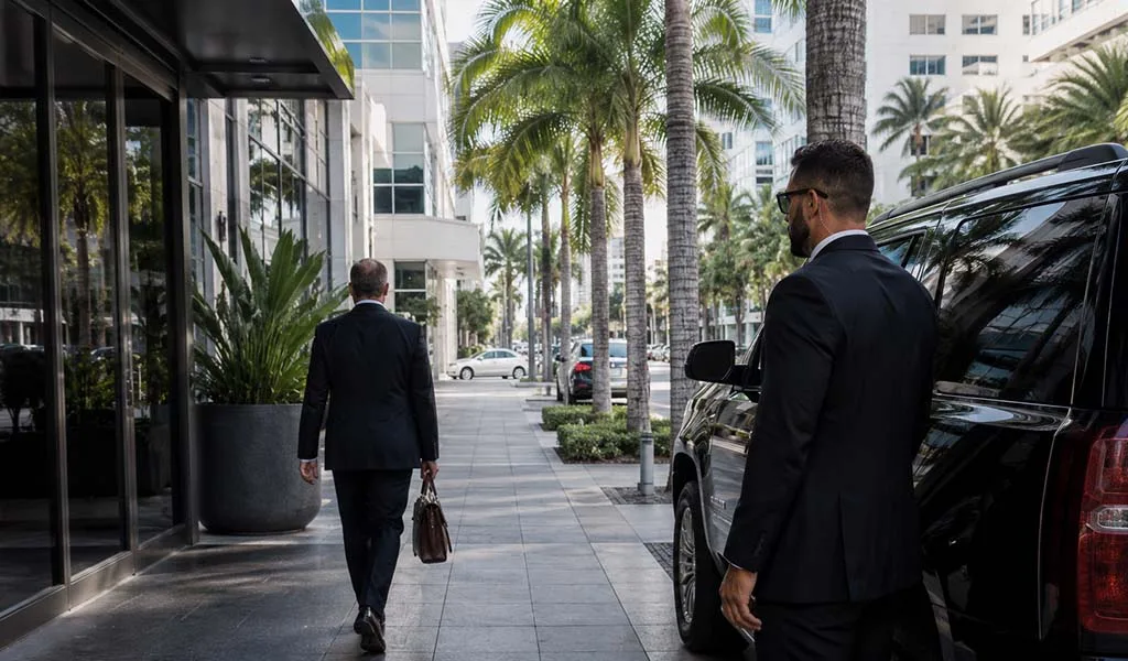 Executive protection team outside a luxury West Palm Beach office building near Palm Beach Island