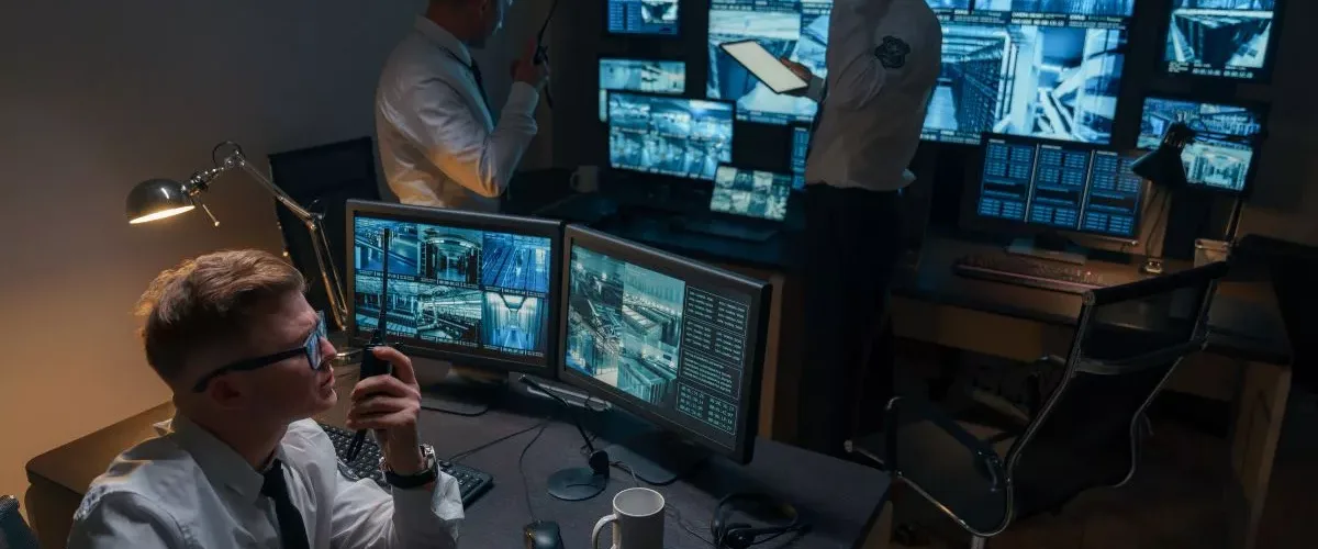 Security professionals oversee multiple surveillance monitors in a command center, representing vip security services by HK Defense Solutions.